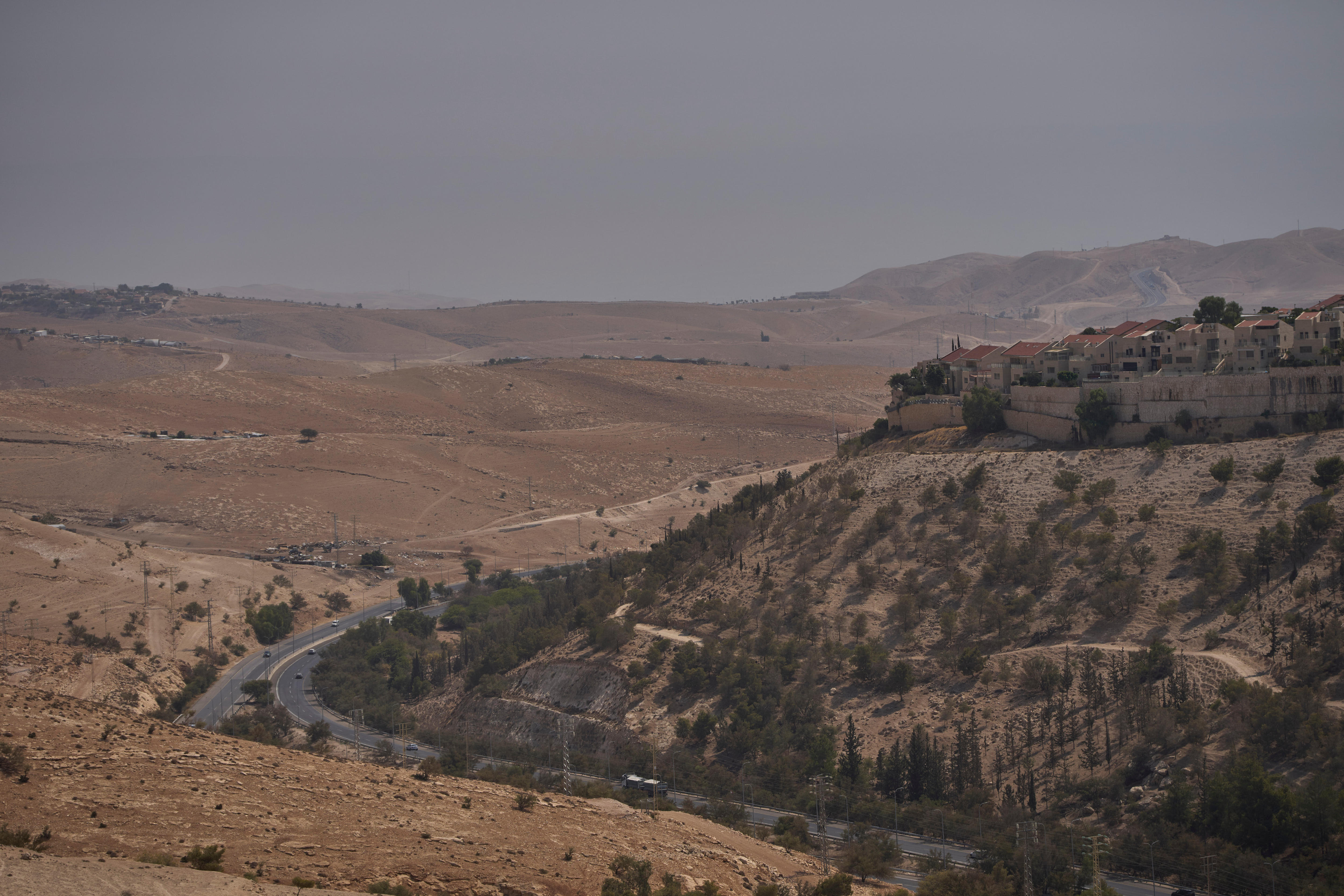 Homes are seen on top of a tree-lined hillside, with a road at the foot of the hill.