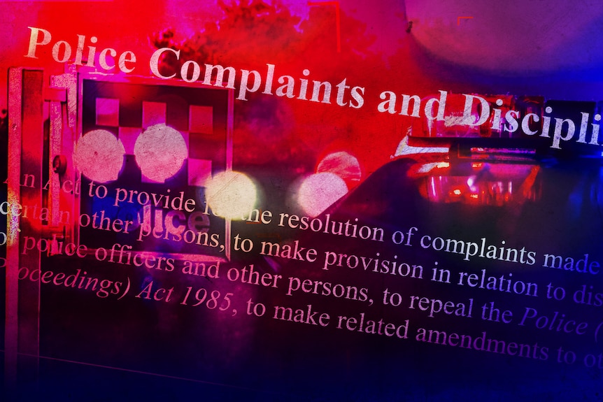 A graphic showing a police car and text relating to police complaints.