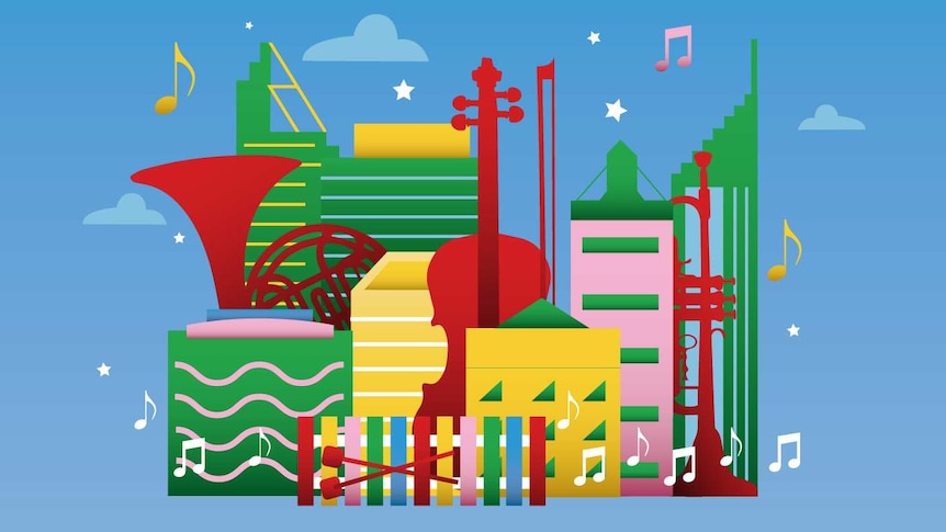 graphics of instruments and Perth skyline