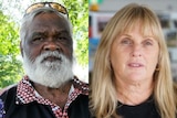 A composite image of Indigenous elder Russell Butler and Debbie Kilroy, who is wearing a black t-shirt with indigenous art.