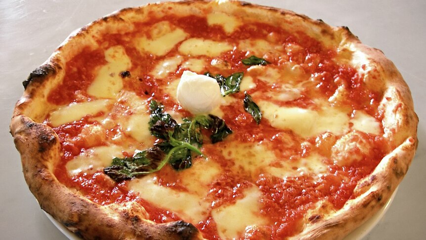 An authentic Neapolitan Pizza Margherita, made with tomato, mozzarella, oil and basil.
