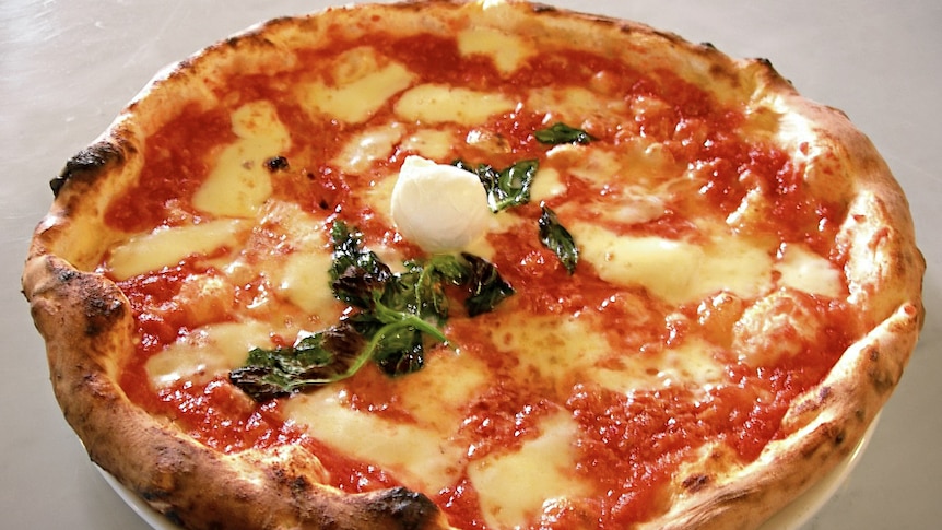 A margherita pizza on a plate.