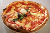 An authentic Neapolitan Pizza Margherita, made with tomato, mozzarella, oil and basil.