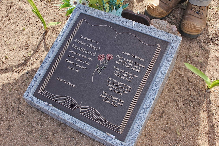 Close up image of Annie Ferdinand's memorial headstone at the Belgian Gardens Cemetery