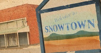 An artistic impression of Snowtown, including its "welcome" sign and former bank vault.