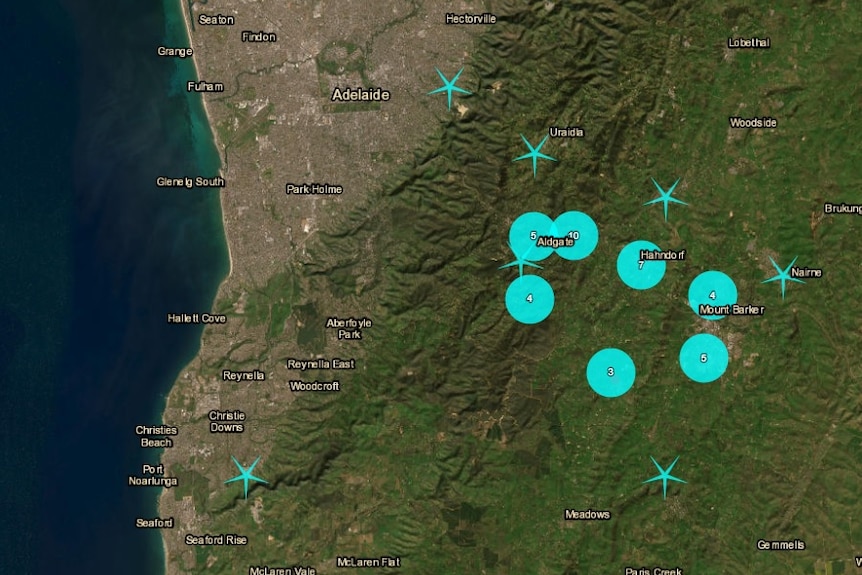 A map showing reports of an earth tremor in the Adelaide Hills.