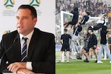 A man in a suit talks during a press conference next to an image of soccer fans swinging from a goal