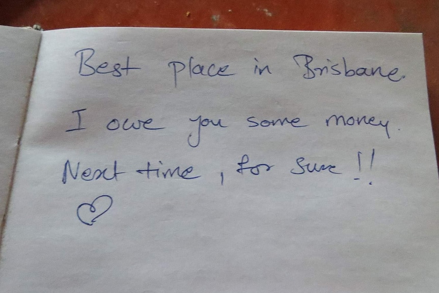 A note left in the bookshop by a customer claiming to have no money to pay