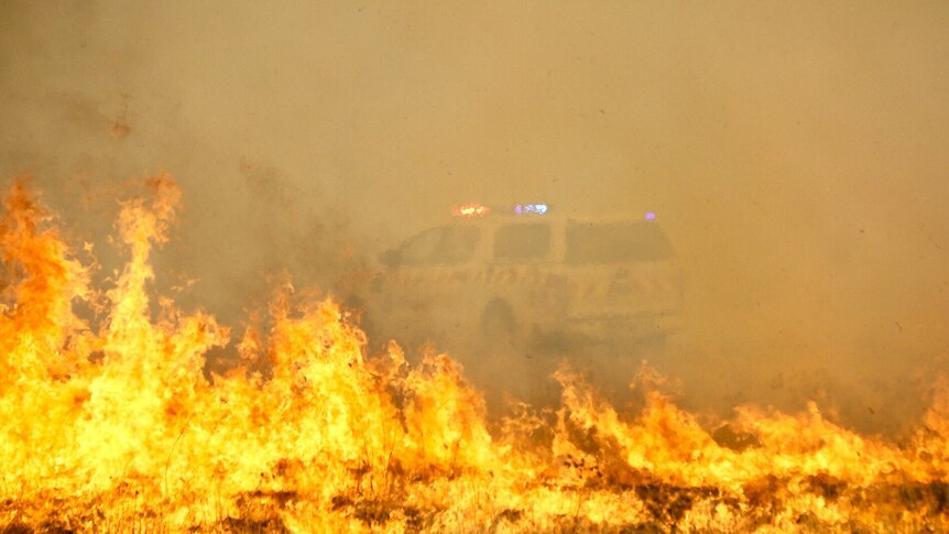A NSW RFS car, lights on, seen through flames and smoke.