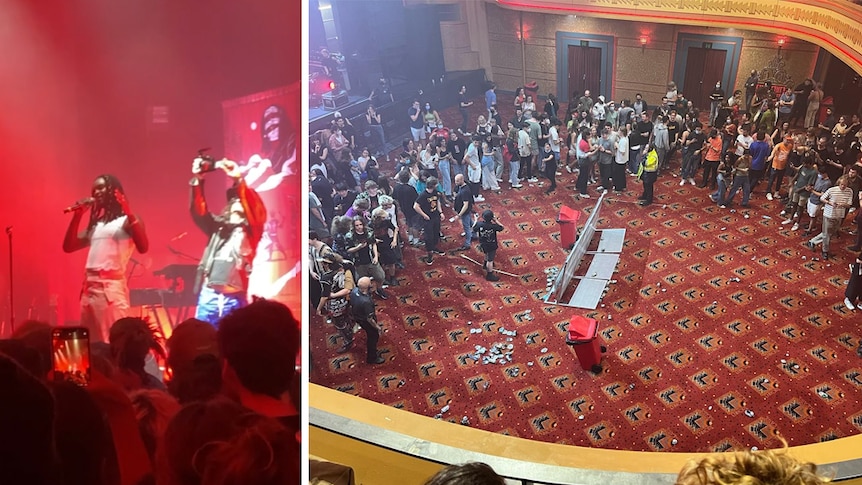 A shot of Genesis Owusu halting his show at Enmore Theatre due to a floor collapse