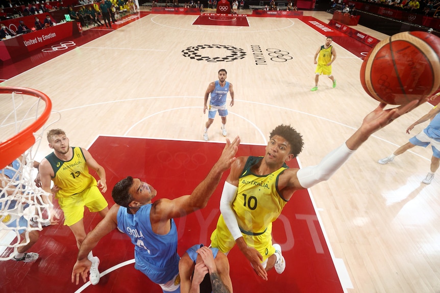 Australia's Matisse Thybulle shoots a lay-up against Argentina.