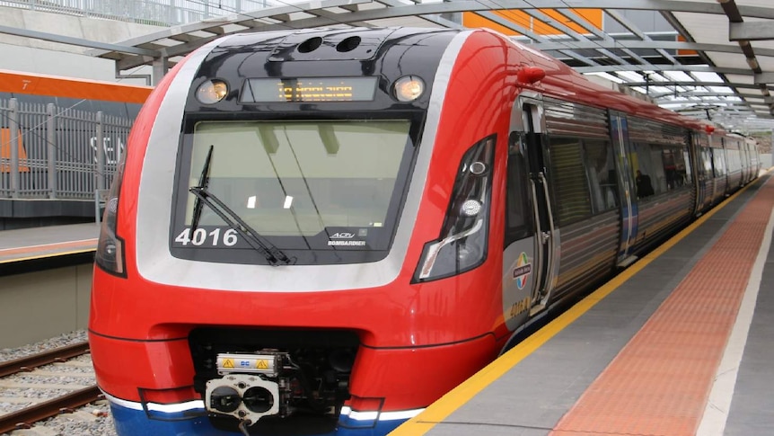 Close up of the front of an Adelaide train at the platform