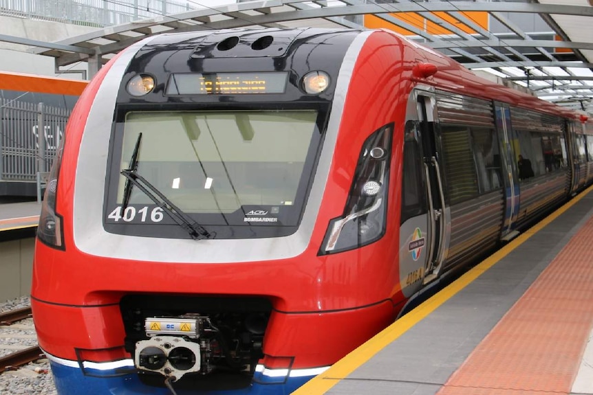 Close up of the front of an Adelaide train at the platform