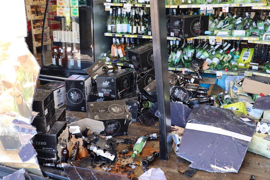 A Cellarbrations liquor store with all its shelves and bottles smashed after a ram-raid