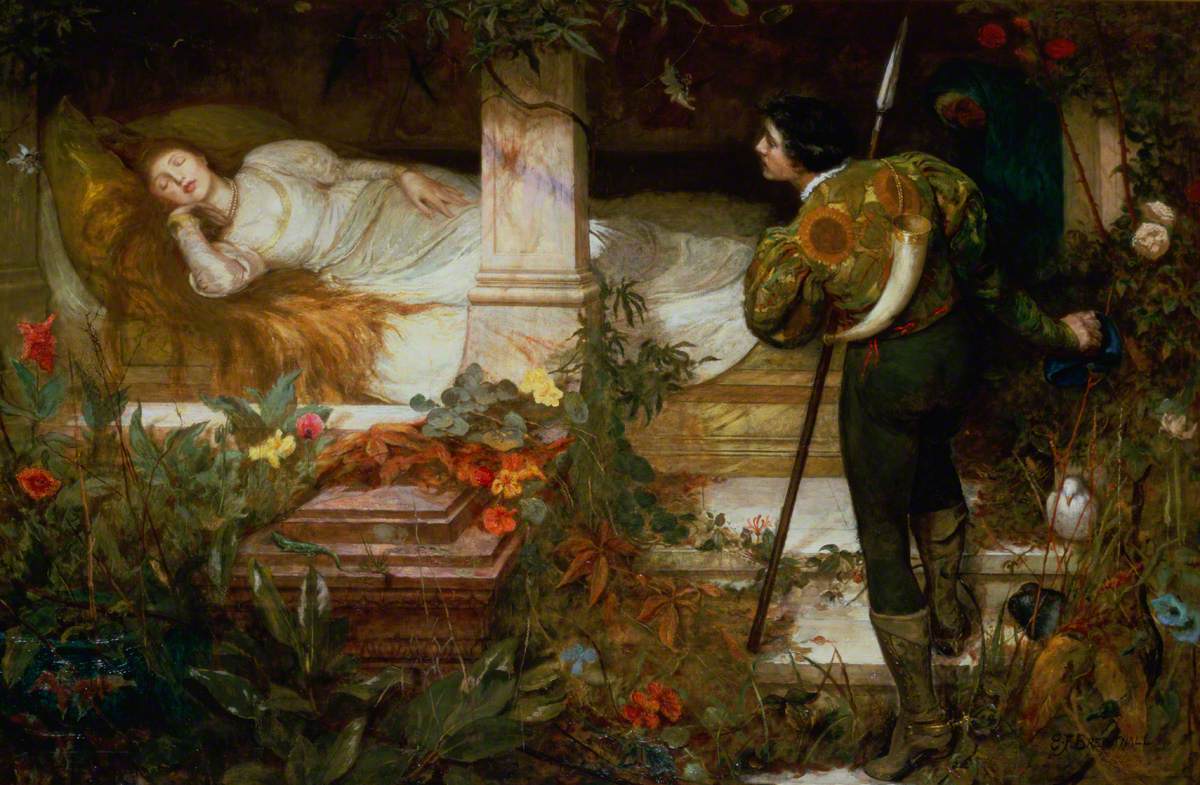 Prince gazes at the princess 'sleeping beauty' with golden hair on a bed, amid overgrown flowers, vines.