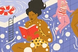 An illustration of a Brown young woman floating in a pool reading a book, the bodies of two other swimmers in the background