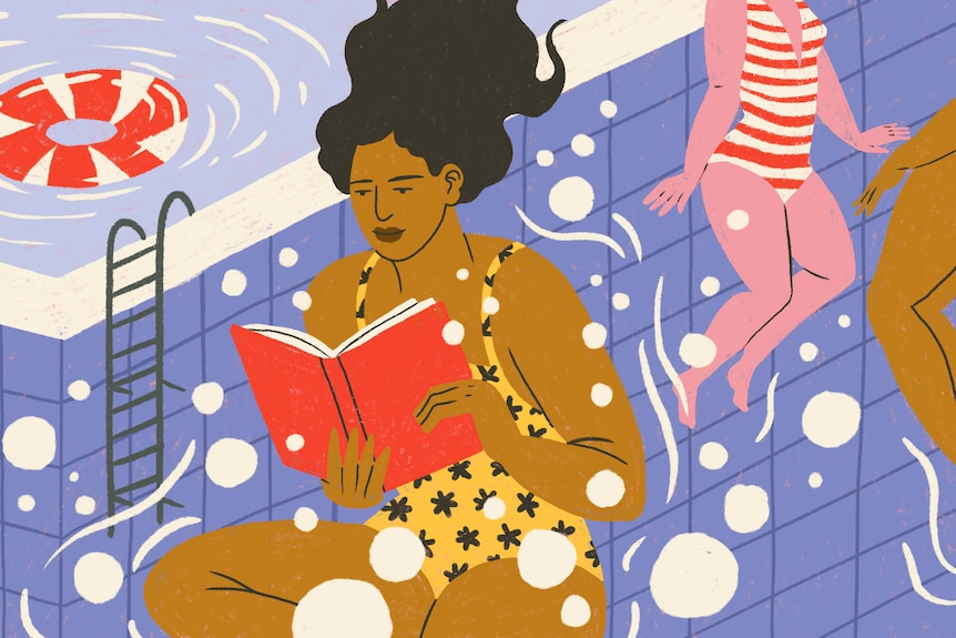 An illustration of a Brown young woman floating in a pool reading a book, the bodies of two other swimmers in the background