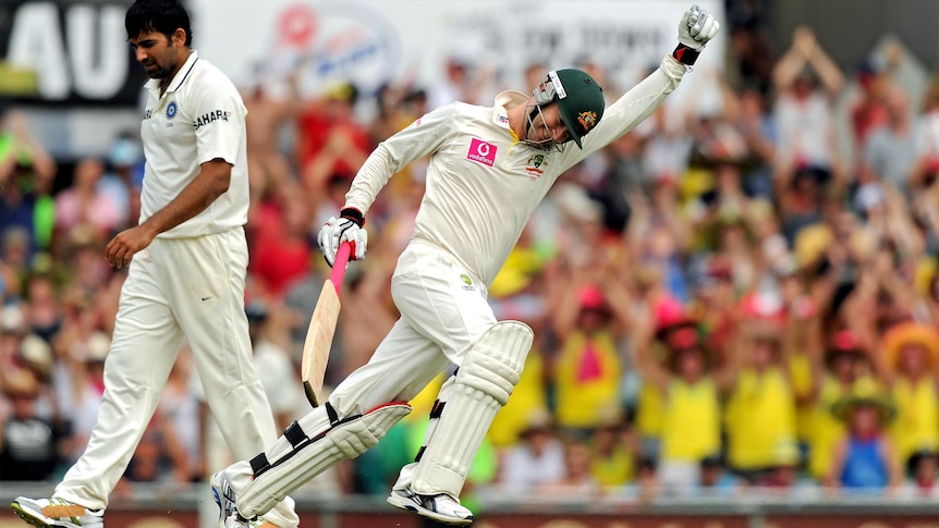 Michael Clarke celebrates scoring 200 on day two of the second Test at the SCG.