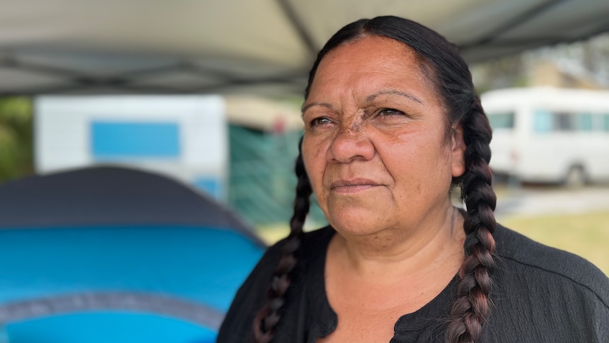 Close-up of a First Nations woman's face. She has long hair and pigtails