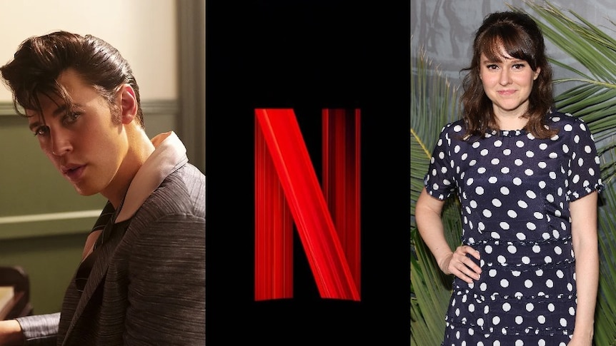 Collage of three images featuring publicity stills of actors Austin Butler and Claudia O' Doherty, and the Netflix logo