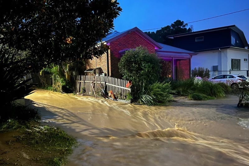 Water gushing down a driveway.