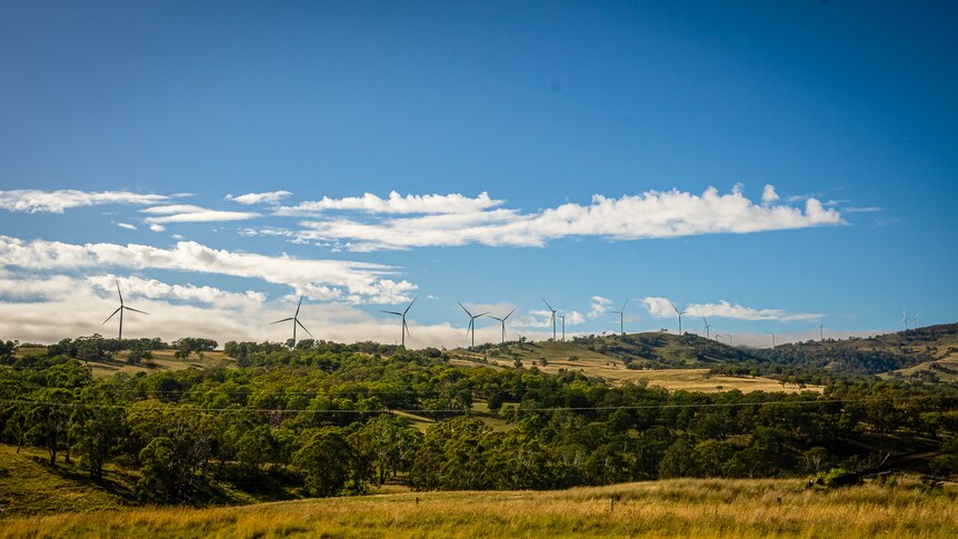 Wind turbines in the distance at the Glen Innes wind farm, March 2023.