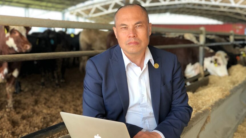 Warwick Powell sits in front of a laptop in a cattle yard.