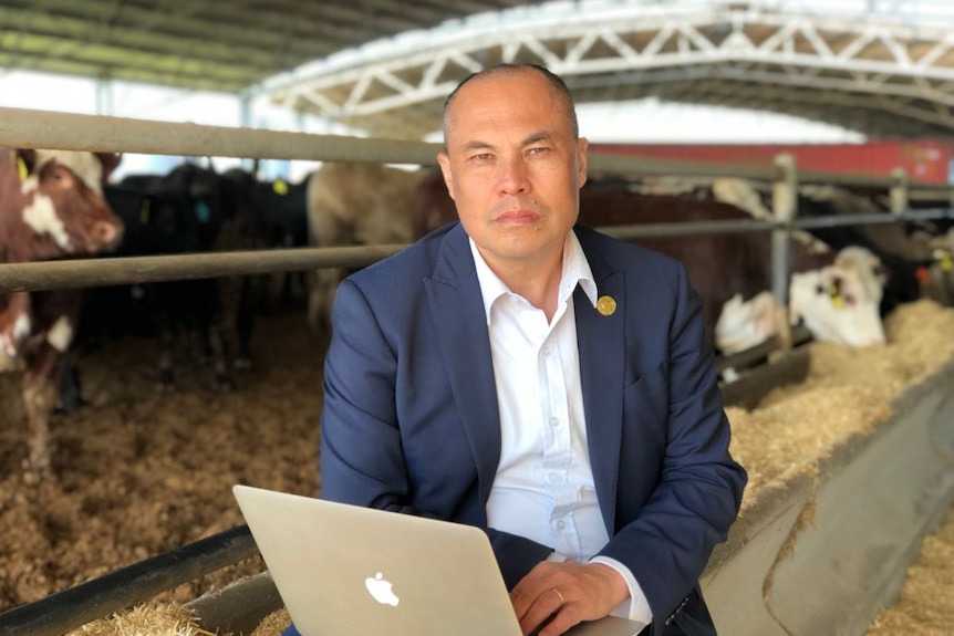 Warwick Powell sits in front of a laptop in a cattle yard.