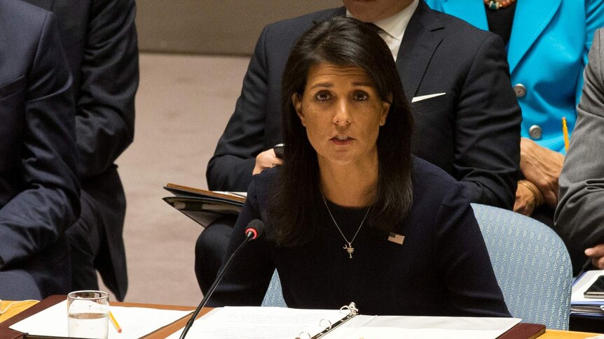 US ambassador to the United Nations Nikki Haley delivers remarks at the council meeting.