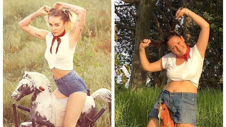 (left) Cyrus poses with her pigtails on small wooden rocking horse. (right) Celeste mimics Miley on a plastic horse.