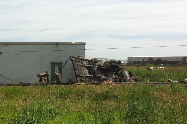 Truck wreckage after colliding with train