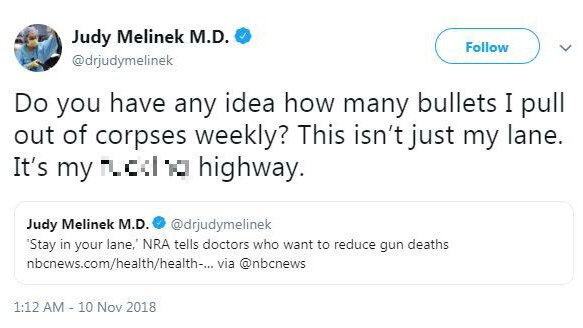 Dr Judy Melinek responds to NRA comments that doctors should "stay in their lane" rather than comment on gun violence.