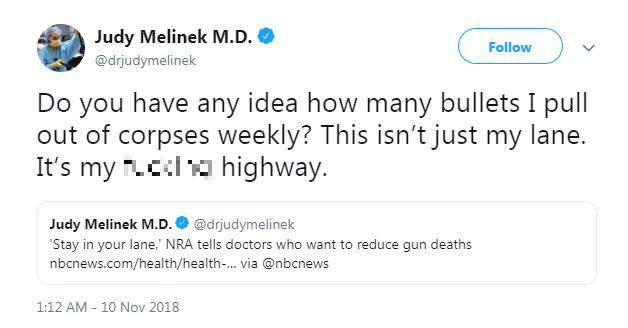 Dr Judy Melinek responds to NRA comments that doctors should "stay in their lane" rather than comment on gun violence.