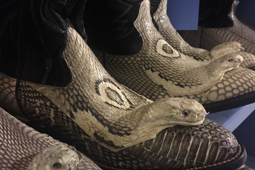 Two pairs of boots made out of stuffed cobras