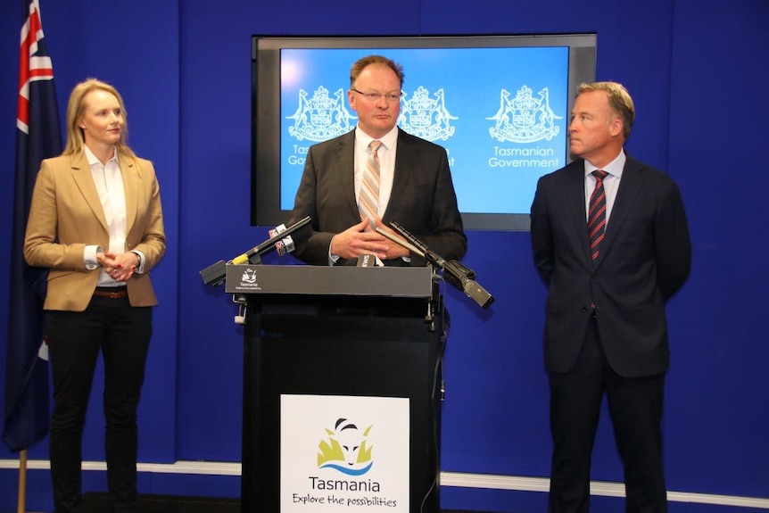 New Minister Roger Jaensch with fellow newcomer Sarah Courtney and the Premier Will Hodgman