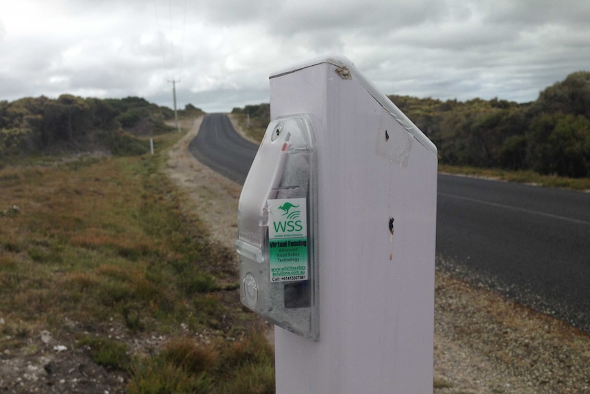 Roadside alarm unit emits a loud noise and flashes when an approaching vehicle is detected.