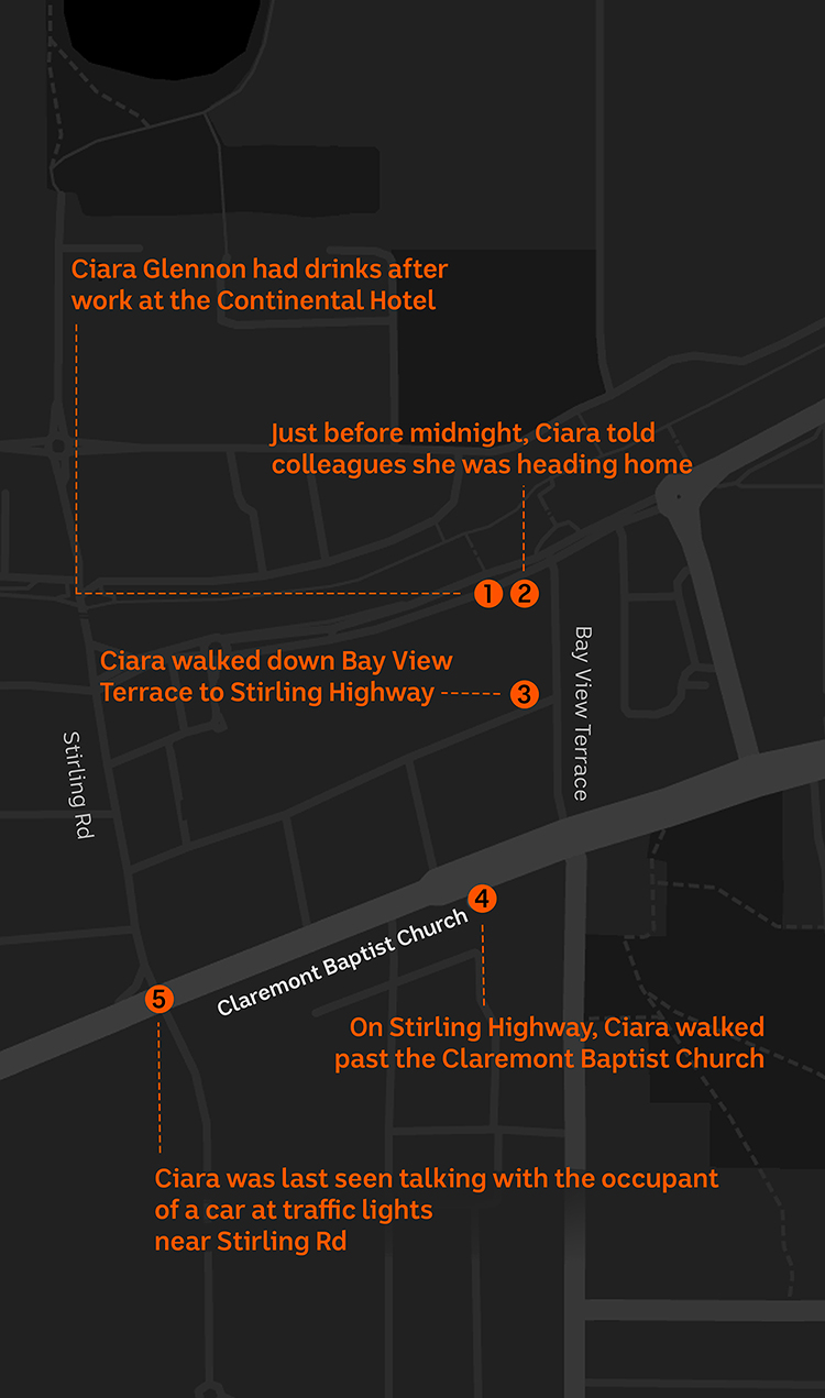 A map showing Ciara Glennon's last known movements in Claremont before her disappearance in 1997.