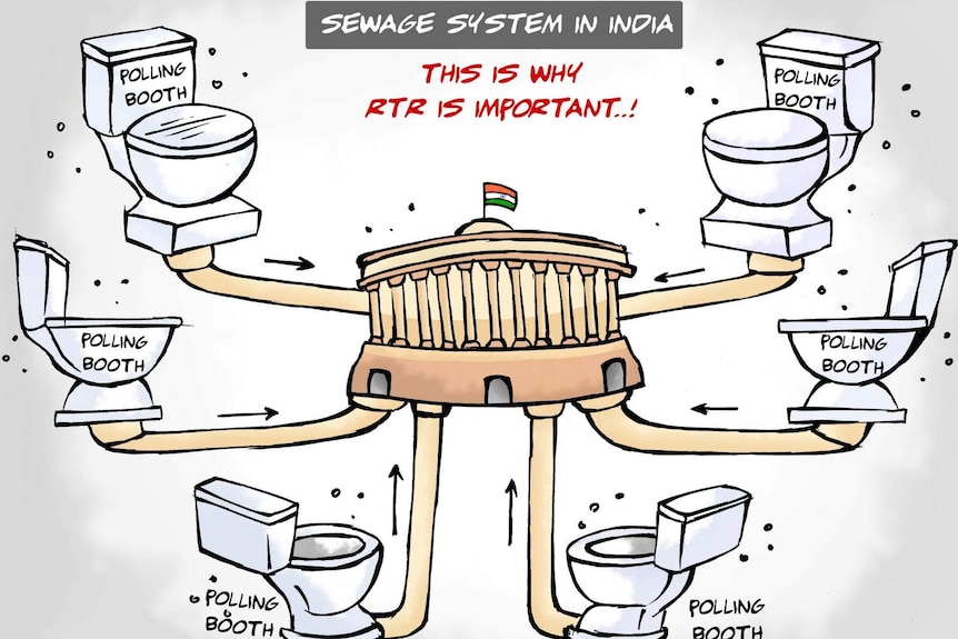 A cartoon showing the Parliament of India and a number of toilets with the words polling booth on them.