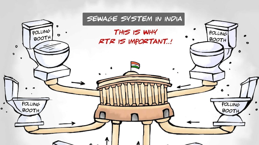 A cartoon showing the Parliament of India and a number of toilets with the words polling booth on them.