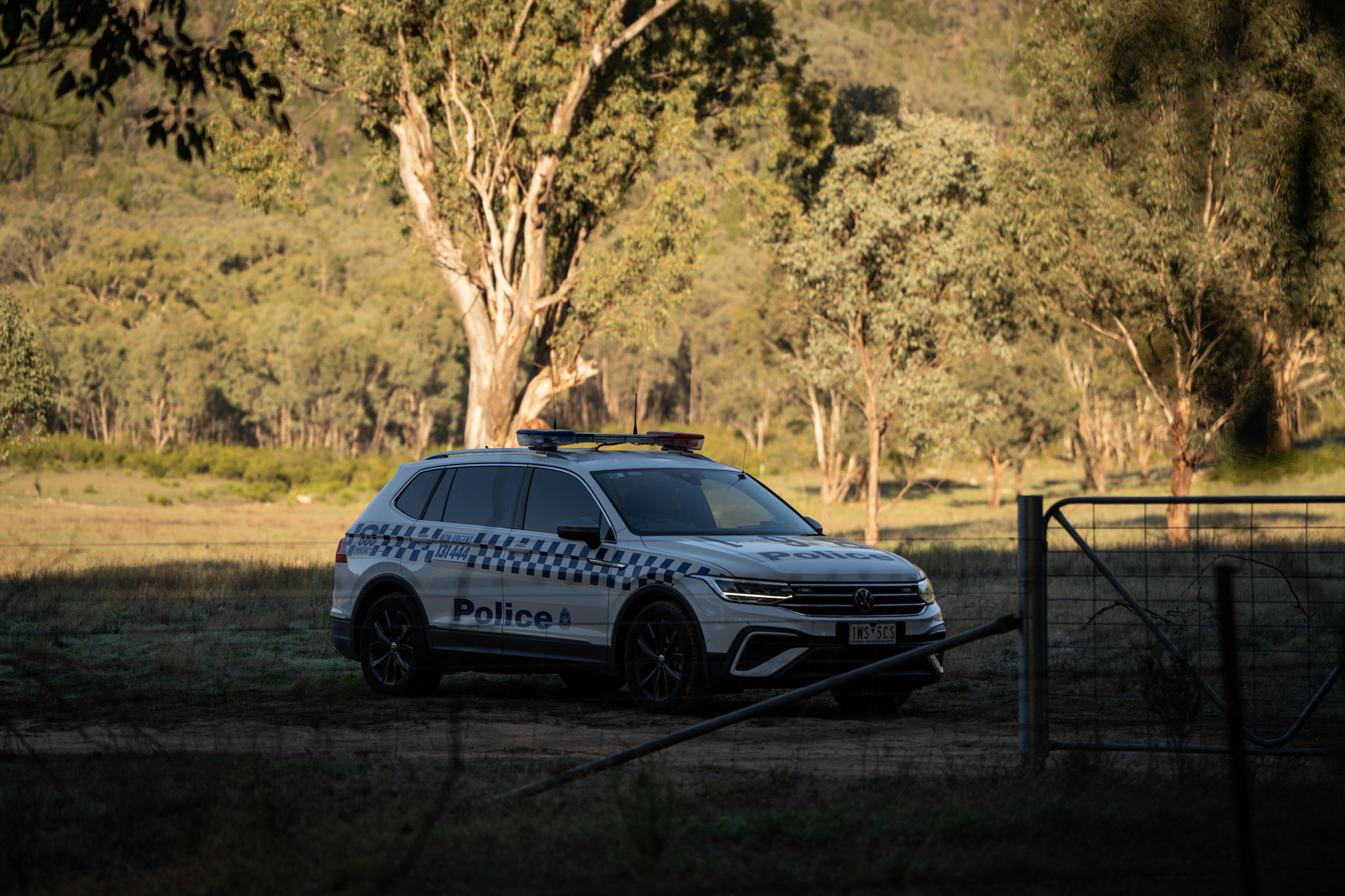 A police car at the Thologolong property the morning after Dezi Freeman was killed.