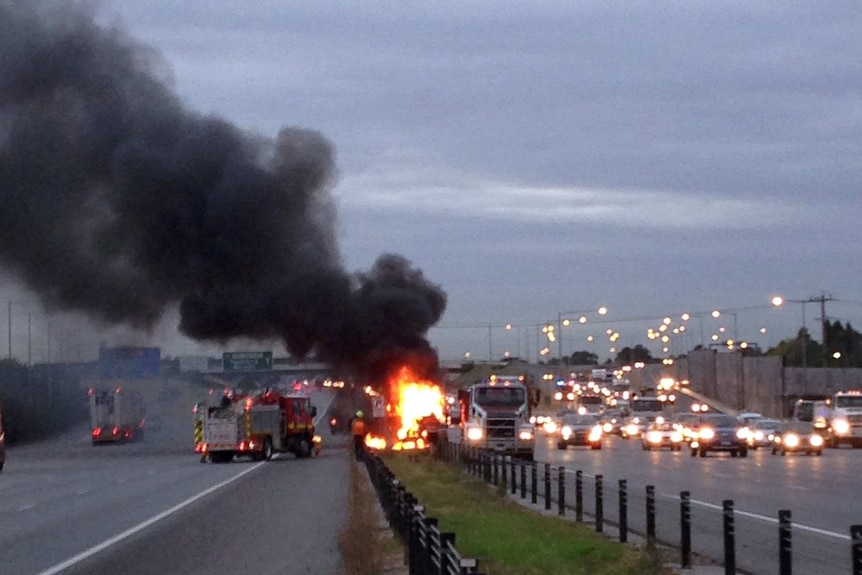 Truck bursts into flames on Monash Freeway