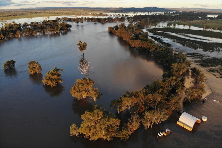 An aerial shot of flooded farmlands.