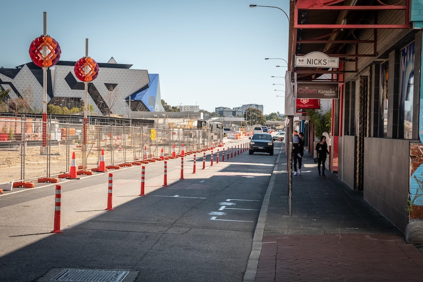 Street with road works and construction, traffic cones