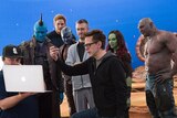 James Gunn with the cast of Guardians of the Galaxy Vol. 2 on the set of the film.