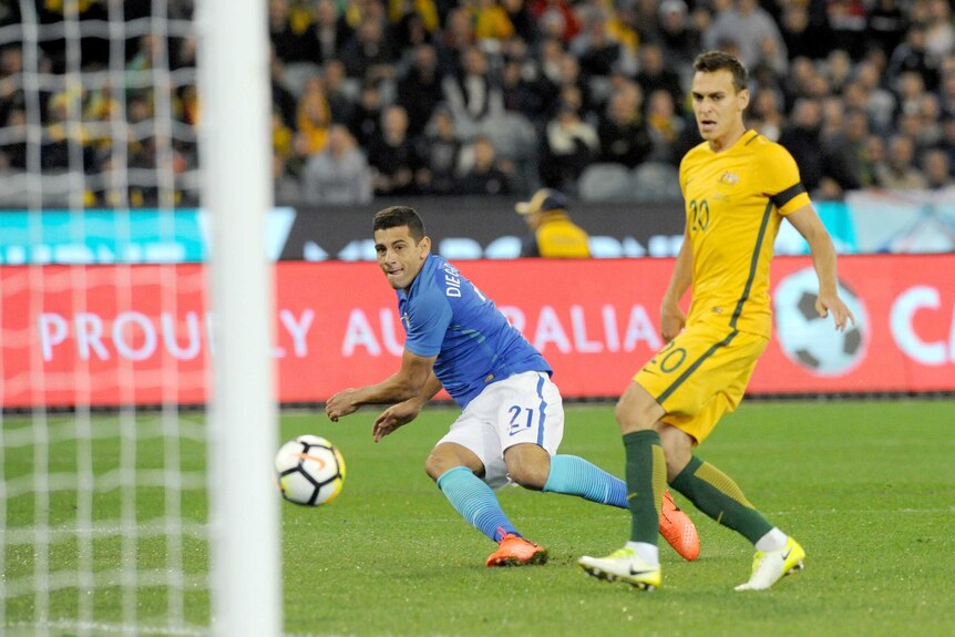 Diego Souza of Brazil after scoring a goal in the first 20 seconds against Australia at the MCG.