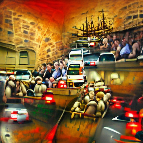 A collage of crowd figures against a backdrop of bricks, roads and cars