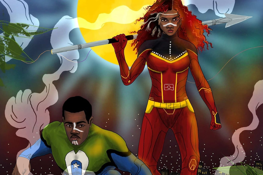 a digital illustration of an Aboriginal woman with a spear and Torres Strait Island man, both dressed as superheroes