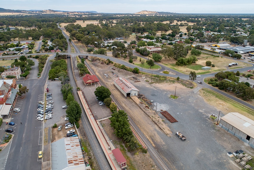 An aerial shot of the Euroa Goods Shed and the the town's railway precinct and surrounds