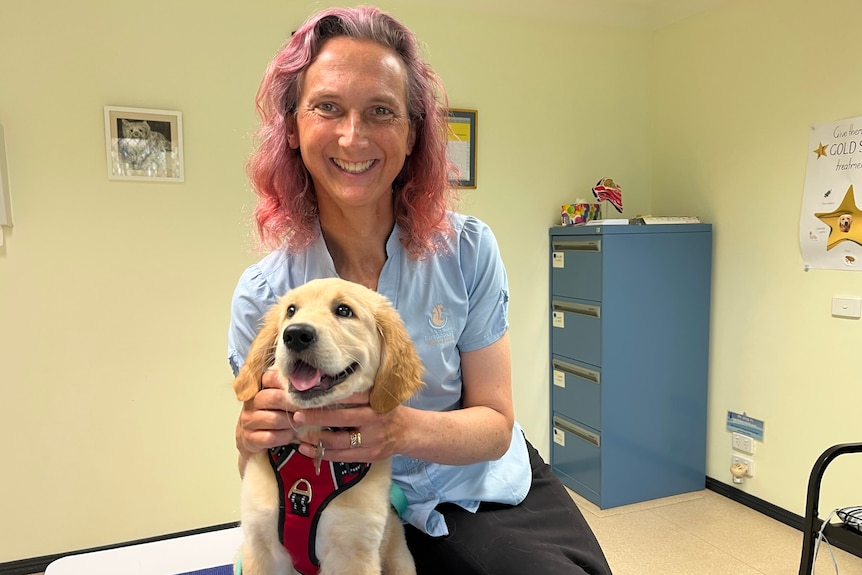 A woman sits with a dog on a consulting table