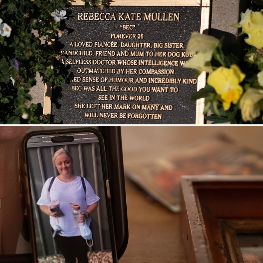 An image of a young woman and above a memorial plaque reads 'Rebecca Mullen. Bec'.